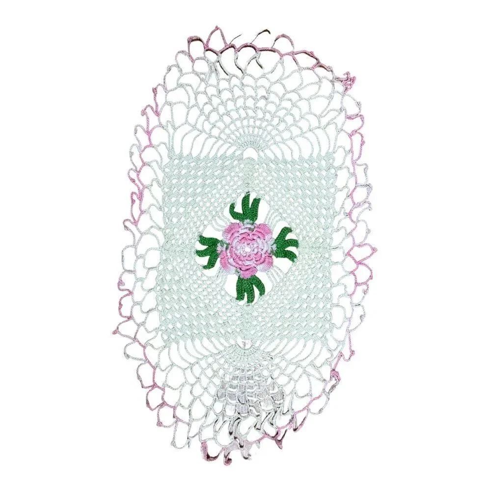 Vintage Handmadeβ15β Crochet Pink Green White Doily Rose CottagecoreβGrandmacore